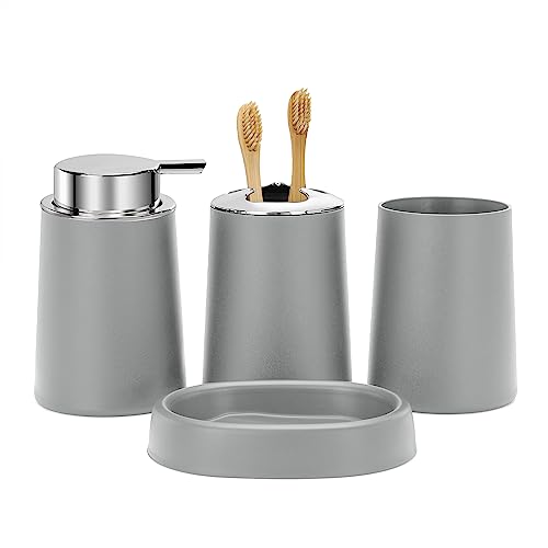 FEILANDUO Badezimmer-Zubehör-Set, 4-teilig, Badezimmer-Zubehör, Geschenk, Seifenspender und Zahnbürstenhalter, Seifenschale, Zahnbürstenbecher, modernes Badezimmer-Dekor (grau) von FEILANDUO