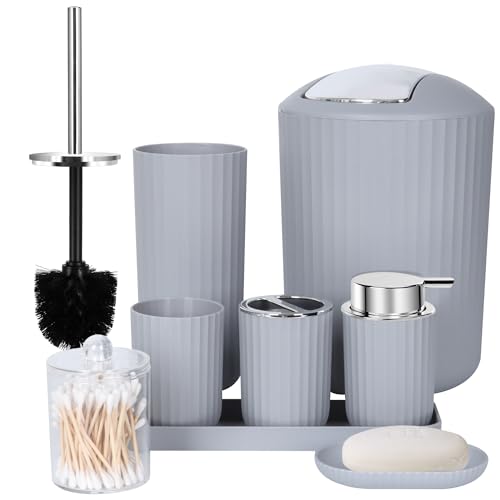 FEILANDUO Badezimmerzubehör-Set komplett, 8-teiliges Badezimmer-Zubehör-Set mit Mülleimer, Seifenspender, Seifenschale, Zahnbürstenhalter, Zahnbürstenbecher, WC-Bürste und Qtip-Halter, Schminktisch von FEILANDUO