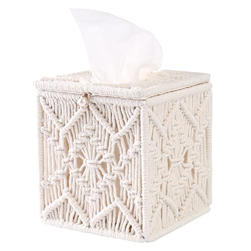 FEILANDUO Tissue Box Cover Boho Square Macrame Tissue Holders for Bathrooms Farmhouse Napkin Holder with Bead Buckle Woven Tissues Cube Box Dresser Organizer Decor … von FEILANDUO