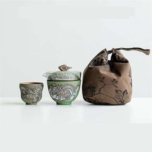 Teeservice 1 Kanne 3 Tassen Teebereiter Camping Handtasche Teeartikel Kunsthandwerk Ästhetisches Geprägtes Drachenmuster Old Rock Mud Lake Grüner Teeservice-Set Teetassen-Set(1 pot 1 cup) von FEILIV