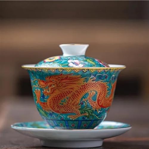 Teeservice Farbige Emaille-Teeschale Mit Untertasse Kung-Fu-Teetasse Chinesischer Gaiwan-Keramik-Drache Handbemaltes Tee-Set Teetassen-Set(A) von FEILIV