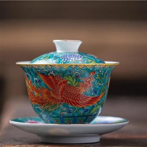 Teeservice Farbige Emaille-Teeschale Mit Untertasse Kung-Fu-Teetasse Chinesischer Gaiwan-Keramik-Drache Handbemaltes Tee-Set Teetassen-Set(C) von FEILIV