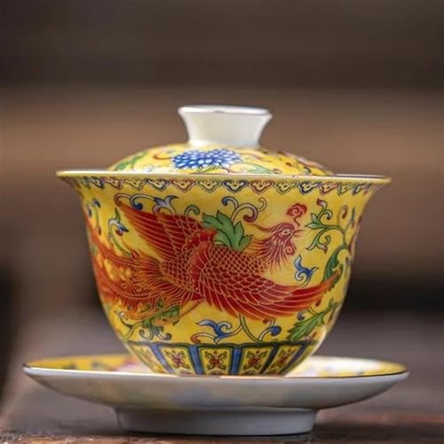 Teeservice Farbige Emaille-Teeschale Mit Untertasse Kung-Fu-Teetasse Chinesischer Gaiwan-Keramik-Drache Handbemaltes Tee-Set Teetassen-Set(D) von FEILIV