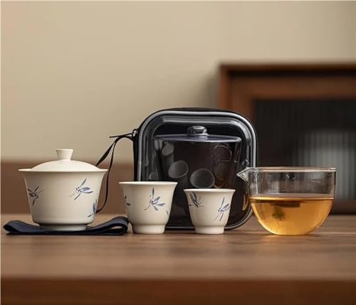 Teeservice Gemalt Schmetterling Orchidee Reise Kung Fu Tee-Set Tragetasche Schüssel 2 Tassen Wasserkocher Geschenk Teetasse Keramik Sieb Teetassen-Set(A) von FEILIV