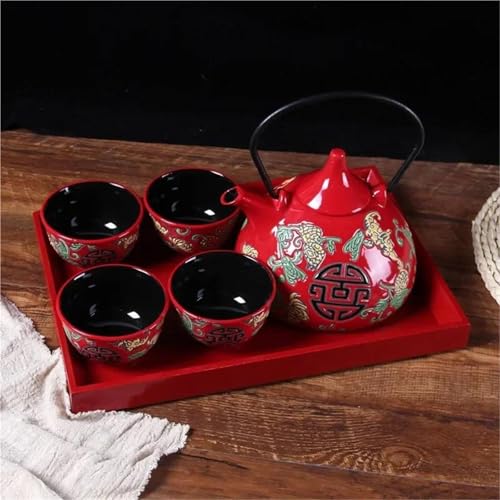 Teeservice Happiness Teekanne Teetasse Geschenk Hochzeit Zubehör Traditionelle Keramik Teeservice Retro Rot Doppelt Teetassen-Set(Type-B) von FEILIV