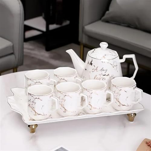 Teeservice Keramik Teekanne Set Kaffeetasse Nordischen Stil Grau Marmorierung Teegeschirr Sets 1 Kanne 6 Tassen Tablett Coffeeware Home Bar Teetassen-Set(D) von FEILIV