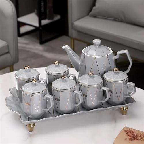 Teeservice Keramik Teekanne Set Kaffeetasse Nordischen Stil Grau Marmorierung Teegeschirr Sets 1 Kanne 6 Tassen Tablett Coffeeware Home Bar Teetassen-Set(I) von FEILIV