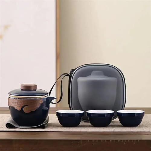 Teeservice Outdoor Reise Teeset Tragbar Ein Topf Drei Tassen Teekanne Keramik Set Teetasse Kung Fu Tee Teetassen-Set(Blue) von FEILIV