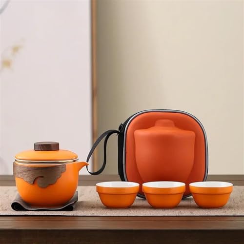 Teeservice Outdoor Reise Teeset Tragbar Ein Topf Drei Tassen Teekanne Keramik Set Teetasse Kung Fu Tee Teetassen-Set(Orange) von FEILIV
