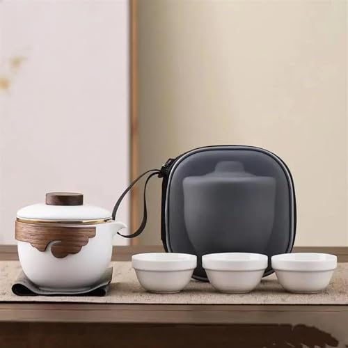 Teeservice Outdoor Reise Teeset Tragbar Ein Topf Drei Tassen Teekanne Keramik Set Teetasse Kung Fu Tee Teetassen-Set(White) von FEILIV