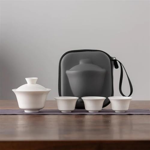 Teeservice Reise Kung Fu Tee Set Tragbare Schafe Fett Jade Porzellan Gehobenen Outdoor Ein Topf Drei Tassen Haushalt Teekanne Teetassen-Set(B) von FEILIV