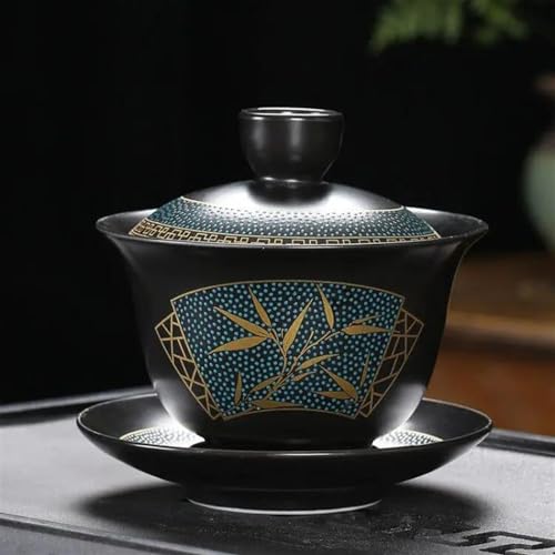 Teeservice Traditionelles Chinesisches Handgefertigtes Teeset Teetasse Deckel Schüssel Untertasse 180 Ml Klassische Gaiwan-Teetassen Terrine Aus Schwarzem Ton Teetassen-Set(B) von FEILIV