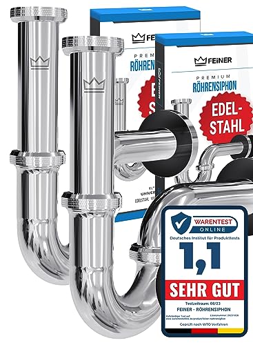 FEINER® 2-er Set Premium Edelstahl Universal Siphon für Waschbecken [ Komplettset ] Tauchrohr 2-12cm, Design Rosette, Massiv rostfrei 1 1/4“ Chrom, Gratis-Dichtungsset von FEINER