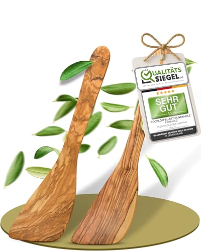 Pfannenwender Holz Set (2 Stck.) - Europäisches Olivenholz - Nachhaltig & Made in Germany - Spatel gefertigt aus Olivenholz von FEINHOLZ