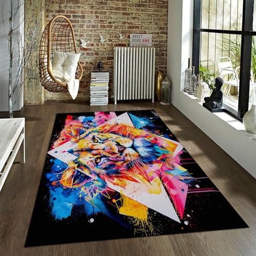 Abstrakter Street-Art-Teppich Mehrfarbige Löwendrucke Flächenteppiche Geometrie Dreiecksmuster Küche Schlafzimmer Innenteppich, Schwarz 120x180cm von FEIPUHOME Art