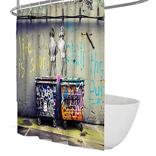 Berühmtes Gemälde Duschvorhang-Set Ölgemälde Art Classic Banksy Graffiti Art Life is Short Chill The Duck Out Badewannendekoration mit Haken 180 x 180 cm von FEIPUHOME Art