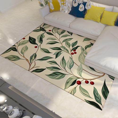 Boho Minimalismus Teppiche Rote Beeren Grüne Blätter Boden Teppich für stark frequentierte Bereiche Eingangsbereich Wohnzimmer Schlafzimmer Niedriger Flor Faltbar 180x280cm Boho Minimalismus Teppiche Rote Beeren Grüne Blätter Boden Teppich für stark frequentierte Bereiche Eingangsbereich Wohnzimmer Schlafzimmer Niedriger Flor Faltbar 180x280cm von FEIPUHOME Art