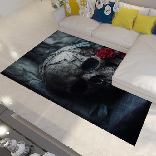 Dark Gothic Teppich Totenkopf und Rosen Horror Urlaub Dekor Teppich Küche unter Spüle Matte für Zimmer Kaffee Stuhl niedrig Flor Leicht 160x200cm von FEIPUHOME Art