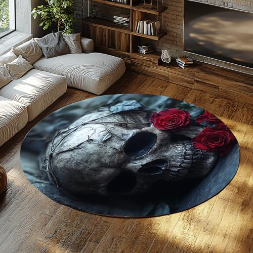 Dark Gothic runder Teppich Totenkopf und Rosen Horror Urlaub Dekor Teppich Küche unter Spüle Matte für Zimmer Kaffee Stuhl niedrig Flor Leicht 120x120cm von FEIPUHOME Art