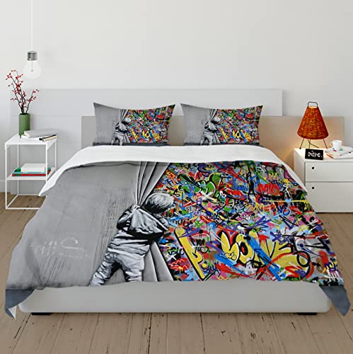 FEIPUHOME Art 3 Stück Banksy Boy Bettbezug Set Bunte Graffiti Bettdecke Set Ultra weich und leicht Bettdecke Set mit Kissenbezug 140x220cm von FEIPUHOME Art