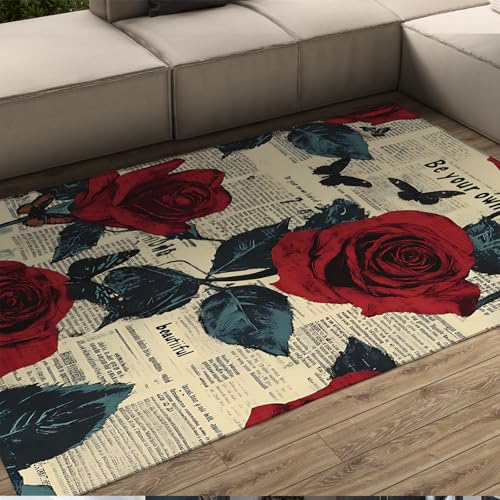FEIPUHOME Art 90er Jahre Vintage Rutschfester Teppich für Wohnzimmer Schlafzimmer Wohnung unter Tisch Zeitung Rose Schmetterling Design Teppiche waschbar weiche Matte 90x120cm von FEIPUHOME Art