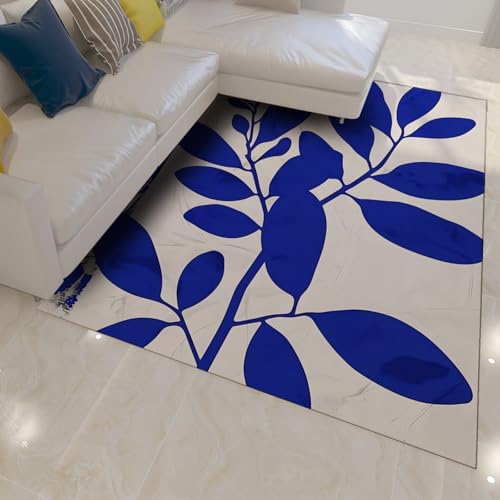 FEIPUHOME Art Abstrakter Minimalismus Teppich Blaues Blatt Weicher Rutschfester Niederflorteppich für Wohnzimmer Schlafzimmer Esszimmer Home Office Foyer Waschbar 90x120cm von FEIPUHOME Art
