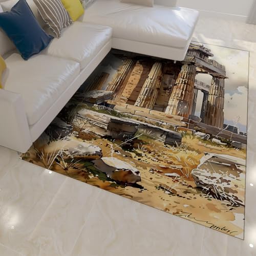 FEIPUHOME Art Antiker Ruinenstil Teppich Griechische Architektur Muster Dünn Waschbar Weich Niedrigflor rutschfeste Teppiche Für Wohnzimmer Schlafzimmer Arbeitszimmer 180x240cm von FEIPUHOME Art