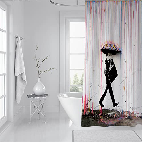 FEIPUHOME Art Banksy Duschvorhang Bunte Regen Mann Holding Regenschirm Moderne Kunstwerke Stoff Polyester Badezimmer Dekor mit 12 Haken Extra lang 180x200cm von FEIPUHOME Art