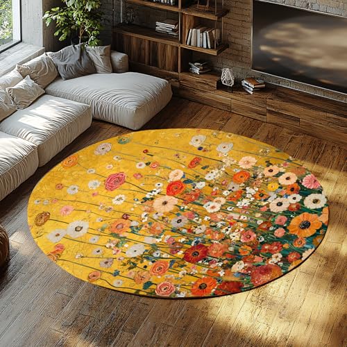 FEIPUHOME Art Bauernhaus Garten Runde Teppiche Bunte Blumen Wurf Fußmatte Vintage Ästhetik Rutschfester Eingang für Raum Couchstuhl Teppich niedriger Flor 200x200cm von FEIPUHOME Art