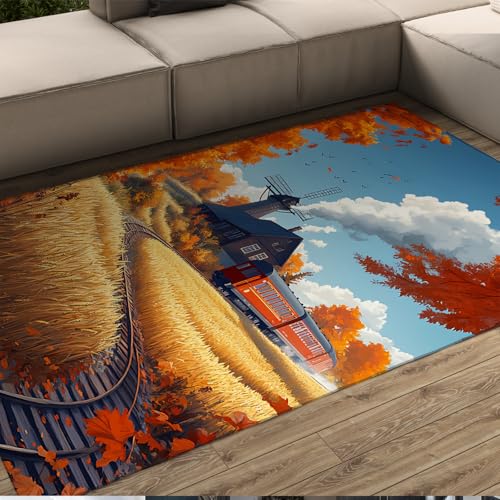FEIPUHOME Art Bauernhaus Teppiche Weizenfelder Zug Windmühle Cottage Waschbar rutschfest Dünne Teppiche für Wohnzimmer Schlafzimmer Badezimmer Niedriger Flor 90x150cm FEIPUHOME Art Bauernhaus Teppiche Weizenfelder Zug Windmühle Cottage Waschbar rutschfest Dünne Teppiche für Wohnzimmer Schlafzimmer Badezimmer Niedriger Flor 90x150cm von FEIPUHOME Art