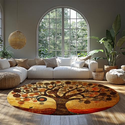 FEIPUHOME Art Baum des Lebens Teppich Abstrakter Vintage Throw Round Teppiche für das Wohnzimmer vor dem Kamin Niedrige Flormatten Zeitgenössische Ästhetik 160x160cm von FEIPUHOME Art