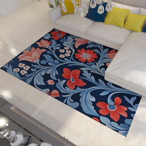 FEIPUHOME Art Blau Eleganz Dünner Teppich Land Blumen Großer Wohnzimmerteppich für Bauernhaus Schlafzimmer Nachttisch Wohnkultur Niedriger Flor Waschbar 180x240cm von FEIPUHOME Art