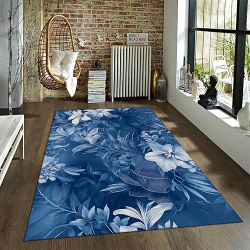 FEIPUHOME Art Blau Eleganz Innen- / Außen Fußmatte Botanische Blumenstruktur Teppich für Wohnzimmer Esszimmer Waschbar rutschfest 100x150cm von FEIPUHOME Art