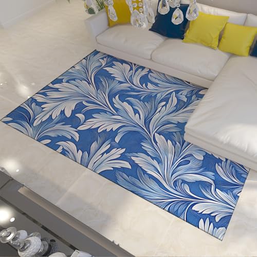 FEIPUHOME Art Boho Botanischer Wohnzimmerteppich Blaue Blätter Nachttisch Teppich rutschfest Waschbar Für Bauernhaus Wohnung Klassenzimmer Niedriger Flor Faltbar 60x90cm von FEIPUHOME Art