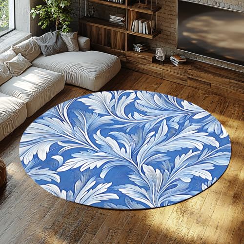 FEIPUHOME Art Boho Botanisches Wohnzimmer Runder Teppich Blaue Blätter Nachttisch Teppich rutschfest Waschbar für Bauernhaus Wohnung Klassenzimmer Niedriger Flor faltbar 120x120cm von FEIPUHOME Art