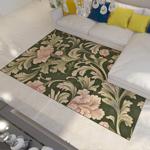 FEIPUHOME Art Boho Eleganter Teppich für den Innen- und Außenbereich Akanthus mit rosa Blumen Akzentteppiche Botanischer Blumenteppich für stark frequentierte Bereiche 90x120cm von FEIPUHOME Art