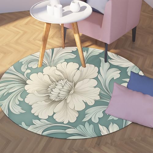 FEIPUHOME Art Boho Frühling Thema Runder Teppich Blühende Blumen Teppiche für Indoor Outdoor Teestube Schlafsaal rutschfeste Kinderzimmer Bodenmatte Salbei Grün 200x200cm von FEIPUHOME Art
