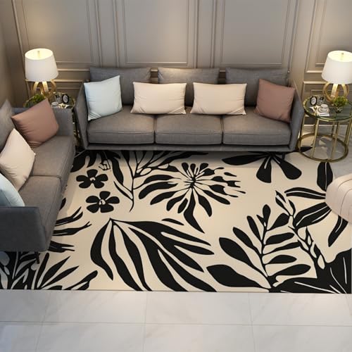 FEIPUHOME Art Botanical Leaves Teppich Schwarz Abstrakter Minimalismus Teppich für Haustür Foyer Schlafzimmer Flur rutschfeste waschbare Fußmatte Niederflor 90x150cm von FEIPUHOME Art