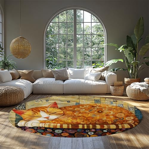 FEIPUHOME Art Bunte und Elegante Akzent Runde Teppiche Schlaforange Katzenmuster Waschbare rutschfeste Eingangsmatte Fußmatte für Kinderzimmer Spielzimmer Schlafsaal 80x80cm von FEIPUHOME Art