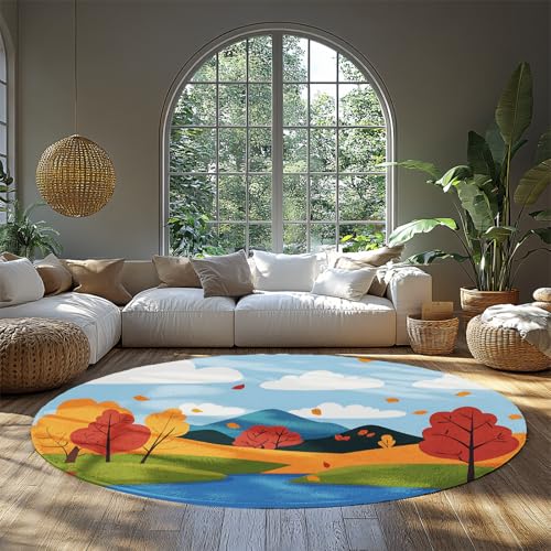 FEIPUHOME Art Cartoon Abstrakte Bunte Wohnzimmer Runder Teppich Seeufer Rasen Berge Türmatte für Indoor Outdoor Korridor Wohnung Low Flor 80x80cm von FEIPUHOME Art