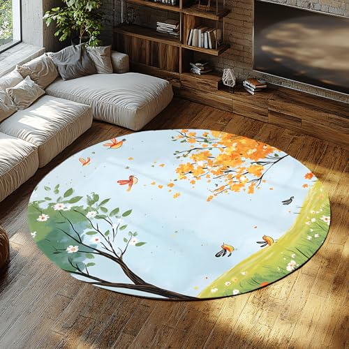 FEIPUHOME Art Cartoon Aquarell Garten Runder Teppich Happy Spring Vögel Bedruckter Teppich für den Innenbereich Großes Wohnzimmer Schlafzimmer Nachttisch Niedriger Flor Waschbar 160x160cm von FEIPUHOME Art
