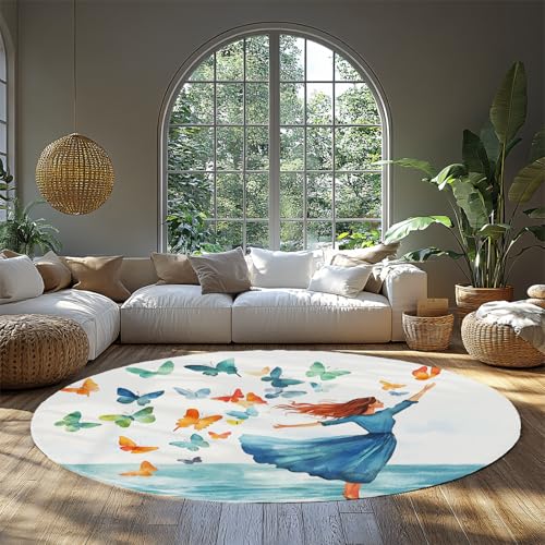 FEIPUHOME Art Cartoon Aquarell Runder Teppich Schmetterling Ozean tanzende Mädchen Teppiche für Kinderzimmer Schlafzimmer Wohnzimmer Eingangsbereich Familienzimmer niedrig Flor waschbar 200x200cm von FEIPUHOME Art