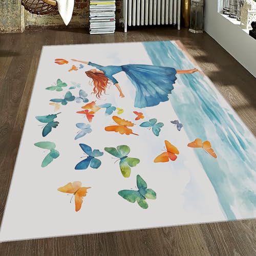 FEIPUHOME Art Cartoon Aquarell Teppich Schmetterling Ozean tanzende Mädchen Teppiche für Kinderzimmer Schlafzimmer Wohnzimmer Eingangsbereich Familienzimmer niedrig Flor waschbar 200x300cm von FEIPUHOME Art