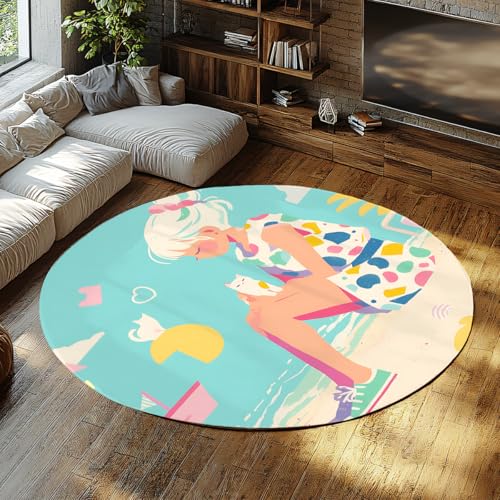 FEIPUHOME Art Cartoon Aquarell waschbarer runder Teppich Strand Mädchen und Katze Muster weiche gemütliche niedrigflorige rutschfeste Teppiche für Wohnung Lounge unter Tisch 200x200cm FEIPUHOME Art Cartoon Aquarell waschbarer runder Teppich Strand Mädchen und Katze Muster weiche gemütliche niedrigflorige rutschfeste Teppiche für Wohnung Lounge unter Tisch 200x200cm von FEIPUHOME Art