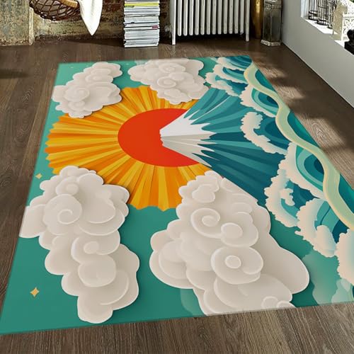 FEIPUHOME Art Cartoon Ocean Thema Teppich Waschbarer Rutschfester Boden Teppiche Japanische Sonnenaufgang Berg Design für Kinderzimmer Wohnzimmer Schlafzimmer Spielzimmer 120x180cm von FEIPUHOME Art