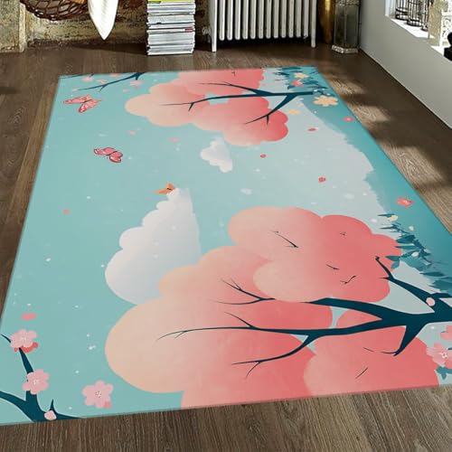 FEIPUHOME Art Cartoon verträumte Teppiche mit Kirschblütenbäumen Schmetterlinge Kinder Teppich Frühling Landschaft Pastellfarben Gemütliche Fußmatte niedriger Flor 160x230cm von FEIPUHOME Art