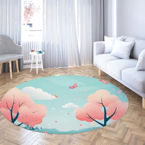 FEIPUHOME Art Cartoon verträumte runde Teppiche mit Kirschblütenbäumen Schmetterlinge Kinder Teppich Frühling Landschaft Pastellfarben gemütliche Fußmatte niedriger Flor 160x160cm FEIPUHOME Art Cartoon verträumte runde Teppiche mit Kirschblütenbäumen Schmetterlinge Kinder Teppich Frühling Landschaft Pastellfarben gemütliche Fußmatte niedriger Flor 160x160cm von FEIPUHOME Art