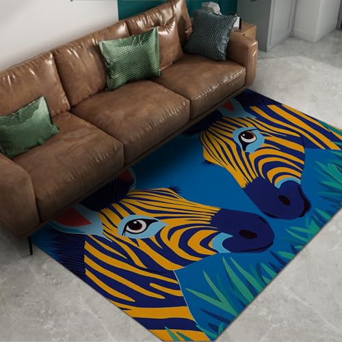 FEIPUHOME Art Cartoon waschbare weiche rutschfeste Teppiche Blau Himmelgrün Gras Zebra Tierdrucke Teppich für Kleinkind Zimmer Schlafzimmer faltbar niedriger Flor 200x300cm von FEIPUHOME Art
