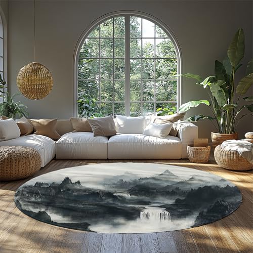FEIPUHOME Art Chinesische Tusche Kunst Runder Teppich Berglandschaft Wasserfall Boden Teppiche für Kinderzimmer Wohnzimmer Schlafzimmer Wohnung Waschbar niedriger Flor rutschfest 160x160cm FEIPUHOME Art Chinesische Tusche Kunst Runder Teppich Berglandschaft Wasserfall Boden Teppiche für Kinderzimmer Wohnzimmer Schlafzimmer Wohnung Waschbar niedriger Flor rutschfest 160x160cm von FEIPUHOME Art