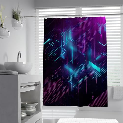 FEIPUHOME Art Surrealismus Duschvorhang Set mit Haken Kubismus Linien Badezimmer Vorhänge Dekoration Waschbar Wasserdicht Extra Langer Stoff Stoff Blau W200xL200(cm) von FEIPUHOME Art